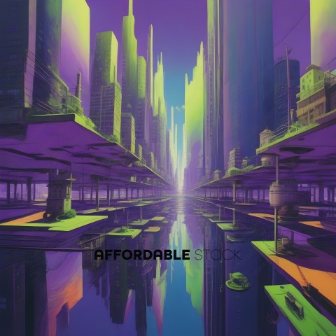 A futuristic cityscape with a reflective waterway