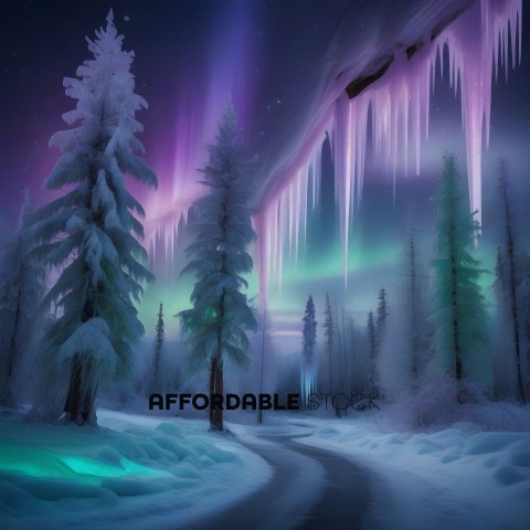 Snowy Scene with Pink and Purple Lights