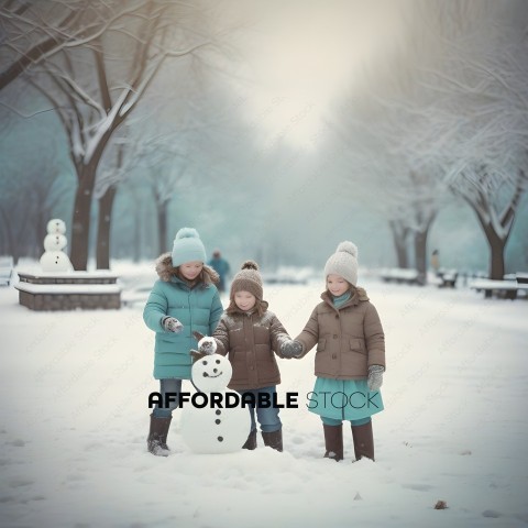 Three children standing in the snow with a snowman