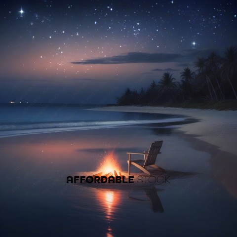 A chair sits on the beach at night with a fire in the background