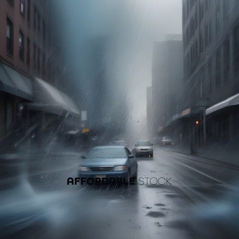 Rainy city street with cars driving
