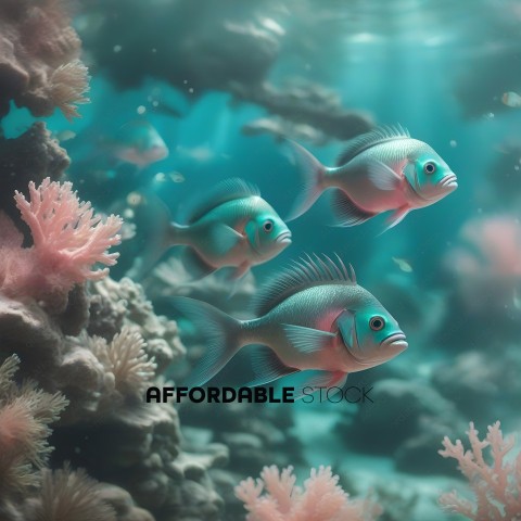 Three fish swimming in a coral reef