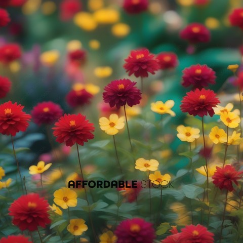 A field of flowers with red and yellow flowers