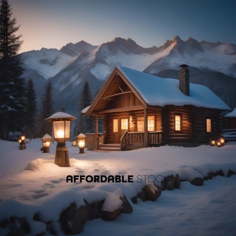 Snowy cabin with lighting