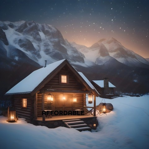A cabin in the mountains with a snowy landscape