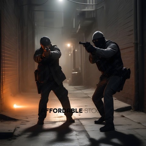 Two men with guns in a dark alley