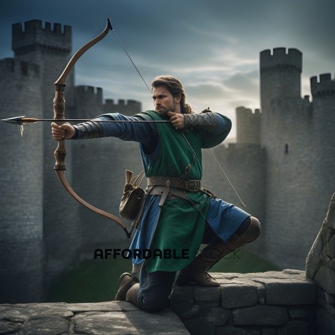 Man in a green outfit holding a bow and arrow