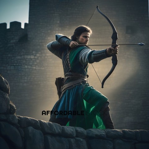 A man in a green outfit holding a bow and arrow