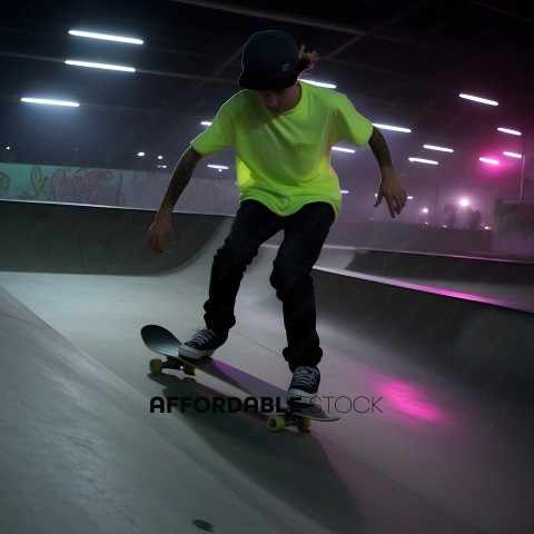 Skateboarder in a neon shirt riding a skateboard