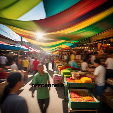 A busy market with colorful tents and people shopping