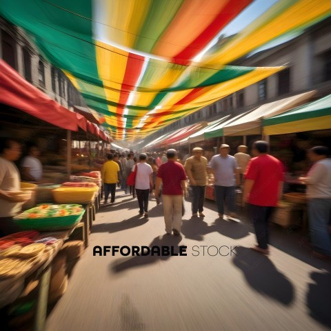 People walking down a street with colorful tents