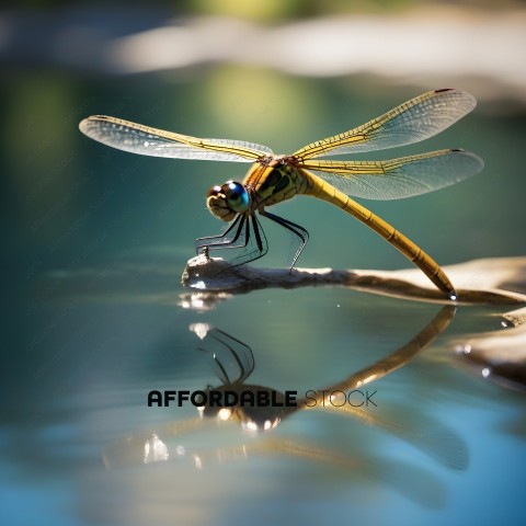 A dragonfly sits on a branch in the water