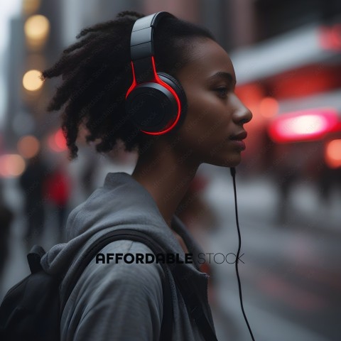A woman wearing headphones and a backpack