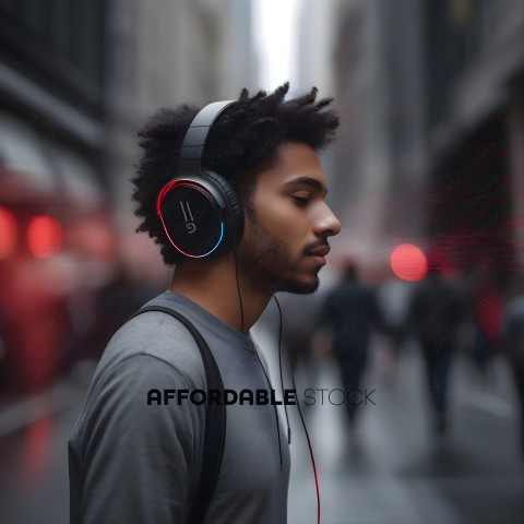 A man wearing headphones and a backpack is walking down a crowded street