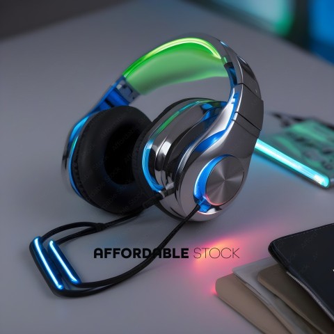 A pair of headphones with a neon green and blue design