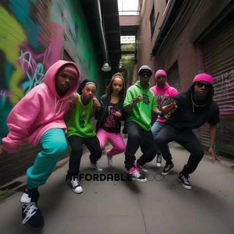 A group of young people wearing brightly colored clothing pose for a picture