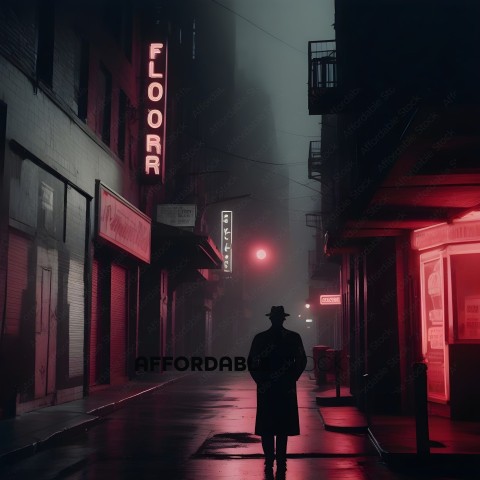 A man in a trench coat walks down a dark alley at night