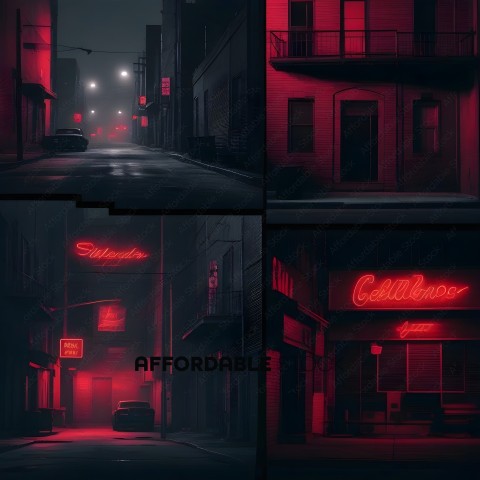 A series of four photos of a city at night with neon signs