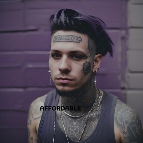 Tattooed Man with Purple Hair and Tattoos