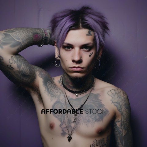 Tattooed Man with Purple Hair and Necklaces