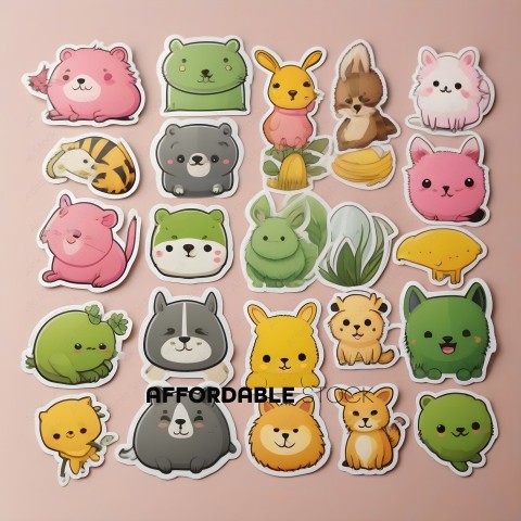A collection of animal stickers including a dog, cat, rabbit, and banana