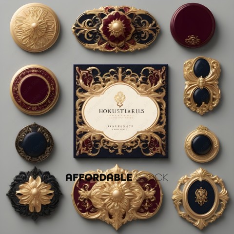 A collection of gold and red decorative buttons