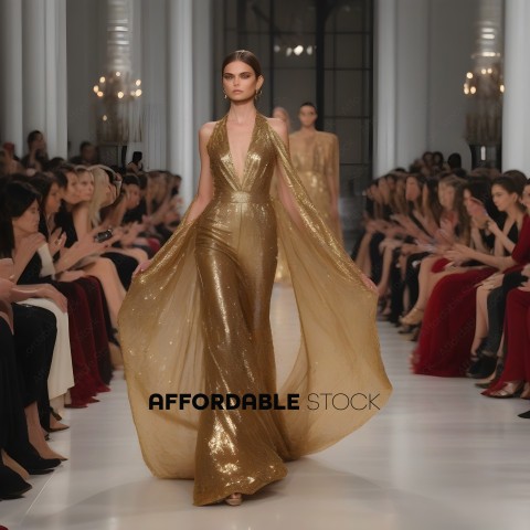 A model wearing a gold dress walks down a runway