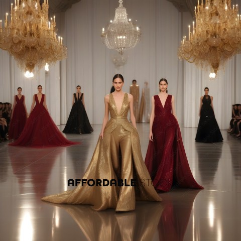 Two models wearing gold and red gowns on a runway