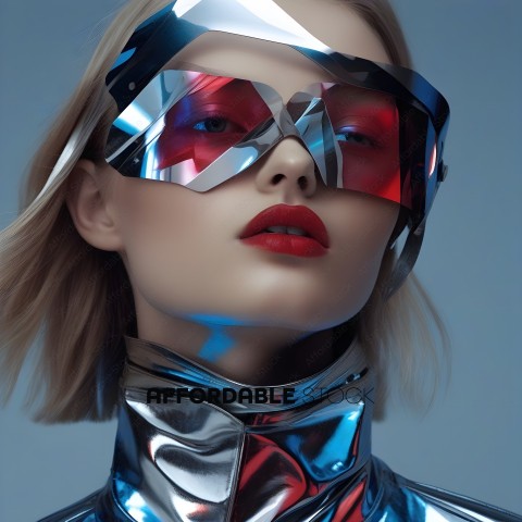 A woman wearing a futuristic silver outfit with red and blue reflective goggles