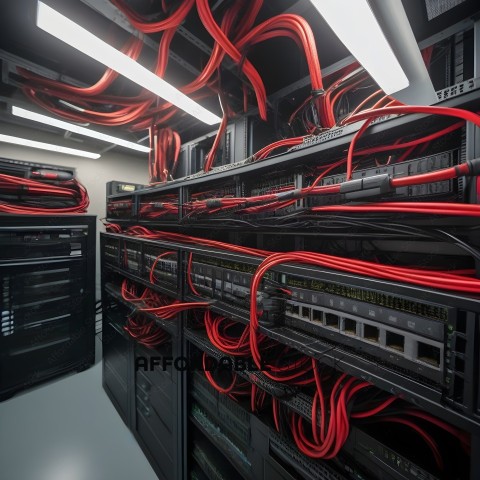 A close up of a server room with many red cords