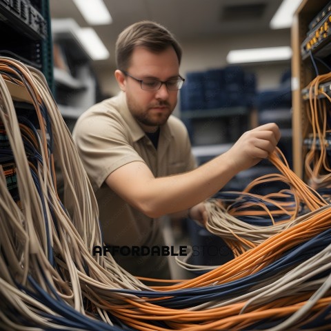 A man in a tan shirt is working with wires