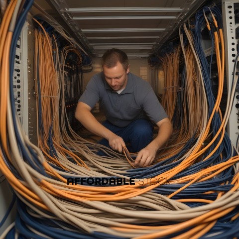 A man in a blue shirt is working with wires