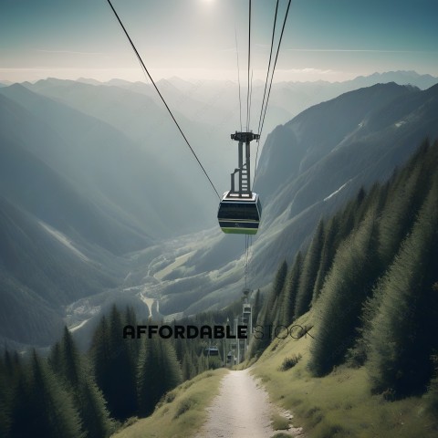 A cable car is going up a mountain with a beautiful view