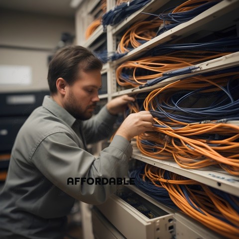 Man in a grey shirt looking at a bunch of wires