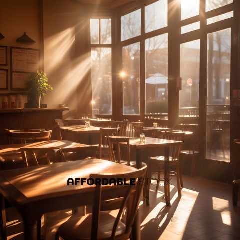 A restaurant with a sun shining through the window