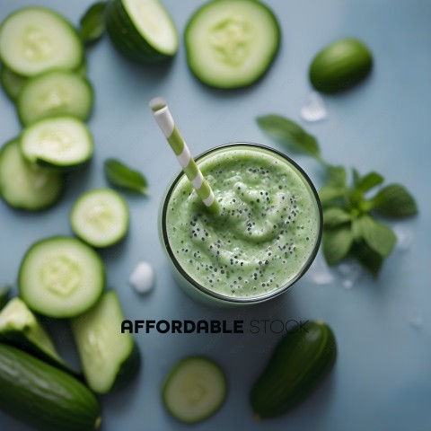 A glass of green smoothie with a straw