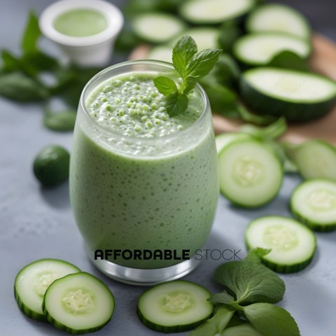 A glass of green smoothie with a mint garnish