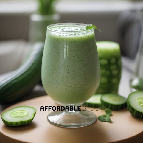 A glass of green smoothie with a slice of cucumber on the side