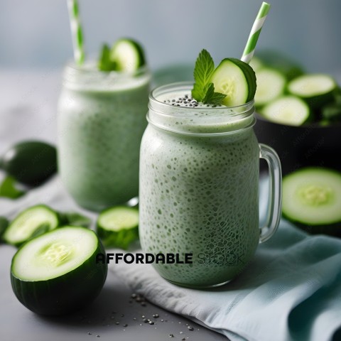 Two glasses of green smoothie with cucumber garnish
