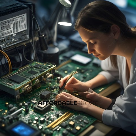 A woman working on a computer circuit board