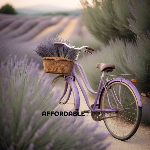 A purple bicycle with a basket full of lavender