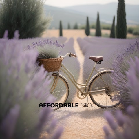 A bicycle with a basket in a field of lavender
