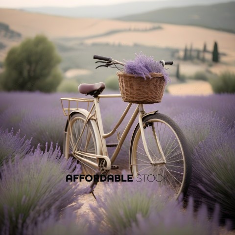 A bicycle with a basket full of lavender in a field