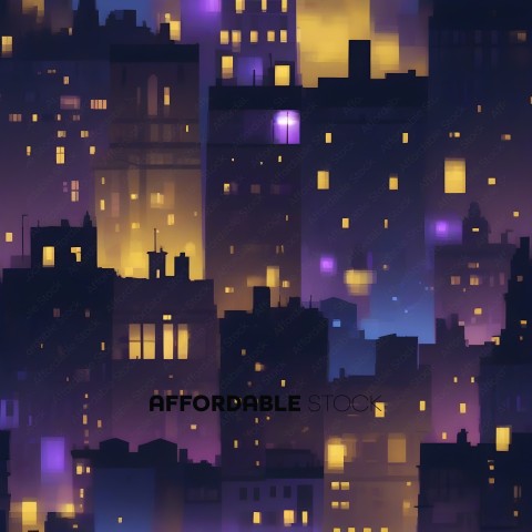 A cityscape at night with purple lights