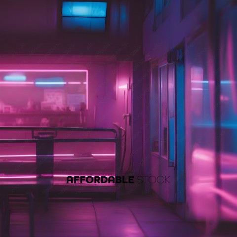 A pink neon lit room with a bed and a table