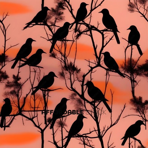 Black Birds in a Tree Silhouette