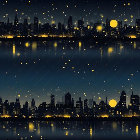 Cityscape with yellow stars and a yellow moon