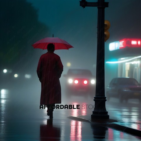 A man in a red robe walks in the rain