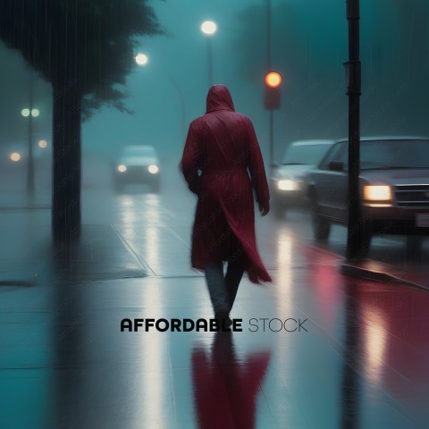 A person in a red raincoat walks down a rainy street