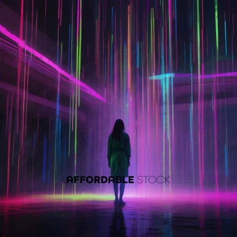 A person standing in a room with a rainbow of lights